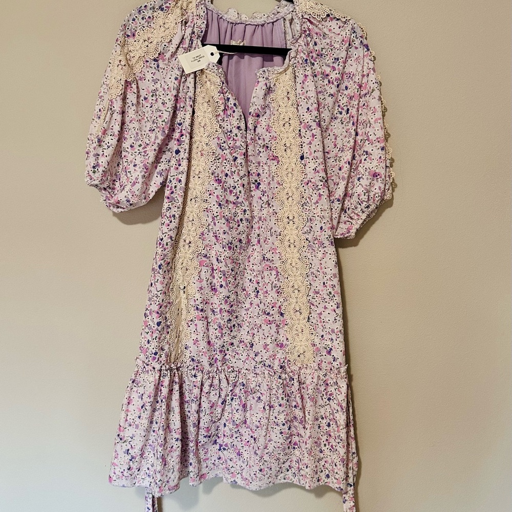 Just Me Floral Dress with Lace Accents - Purple and Cream